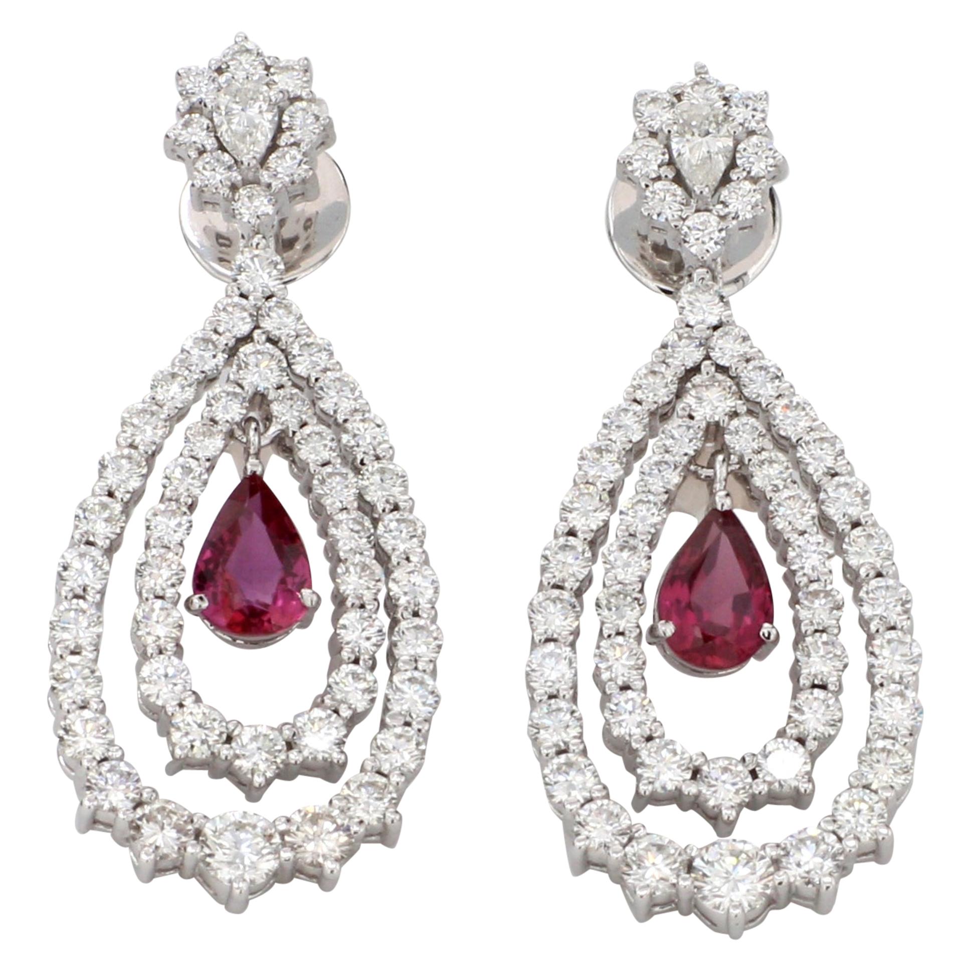 18 Karat White Gold Ruby Diamond Cocktail Dangle Earring