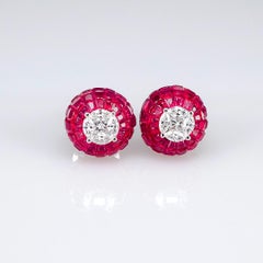 18 Karat White Gold Ruby Diamond Dome Invisible Stud Earrings