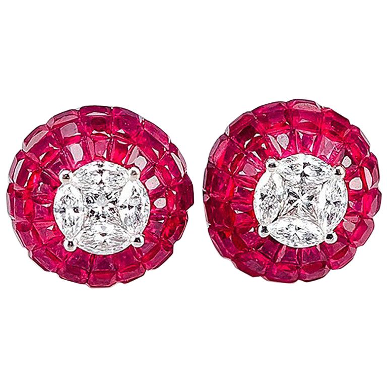 18 Karat White Gold Ruby Diamond Dome Invisible Stud Earrings