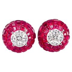 18 Karat White Gold Ruby Diamond Dome Invisible Stud Earrings