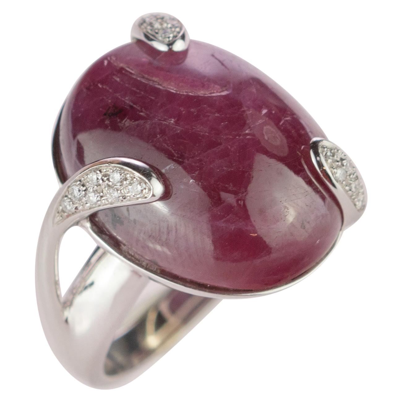 18 Karat White Gold Ruby Diamond Engagement Legacy Cabochon Solitaire Ring For Sale