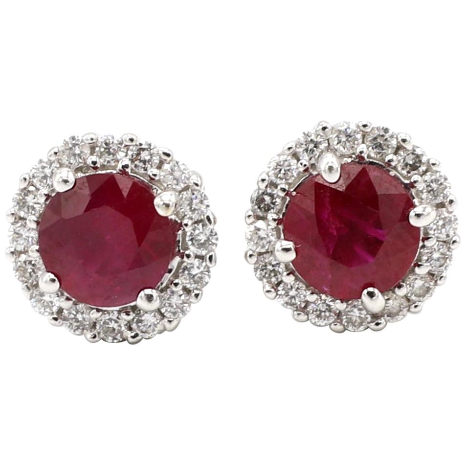 18 Karat White Gold Ruby Diamond Halo Stud Earrings