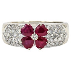 18 Karat White Gold Ruby Diamond Heart Flower Ring