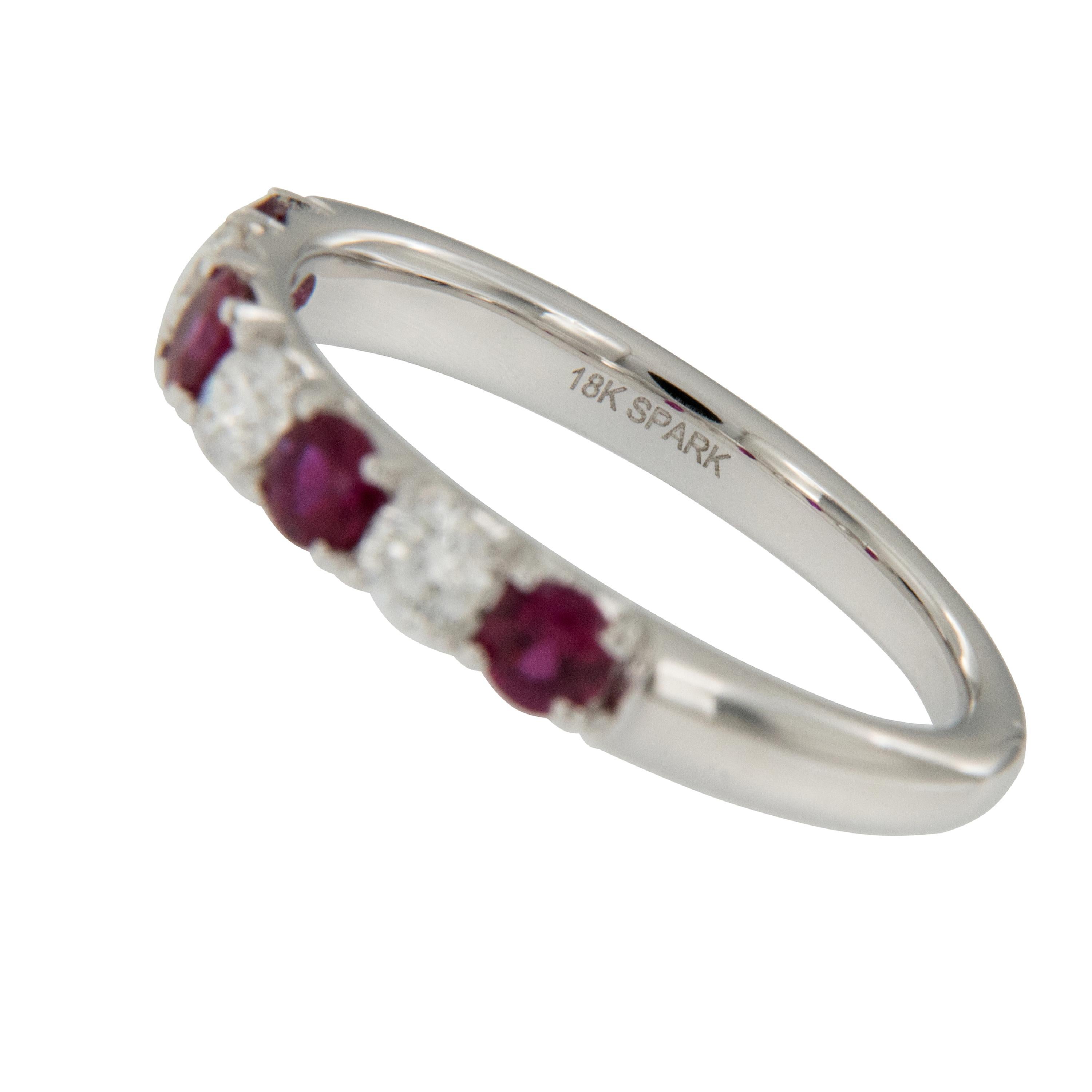 Round Cut 18 Karat White Gold Ruby & Diamond Stackable Band Ring by Spark Creations For Sale