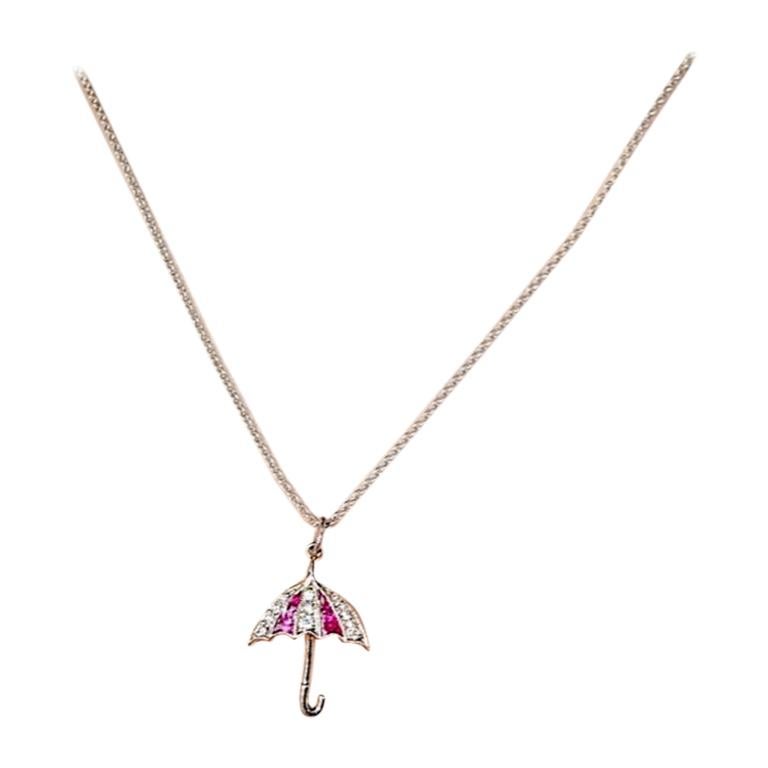 18 Karat White Gold Ruby Diamond Umbrella Charm or Pendent For Sale