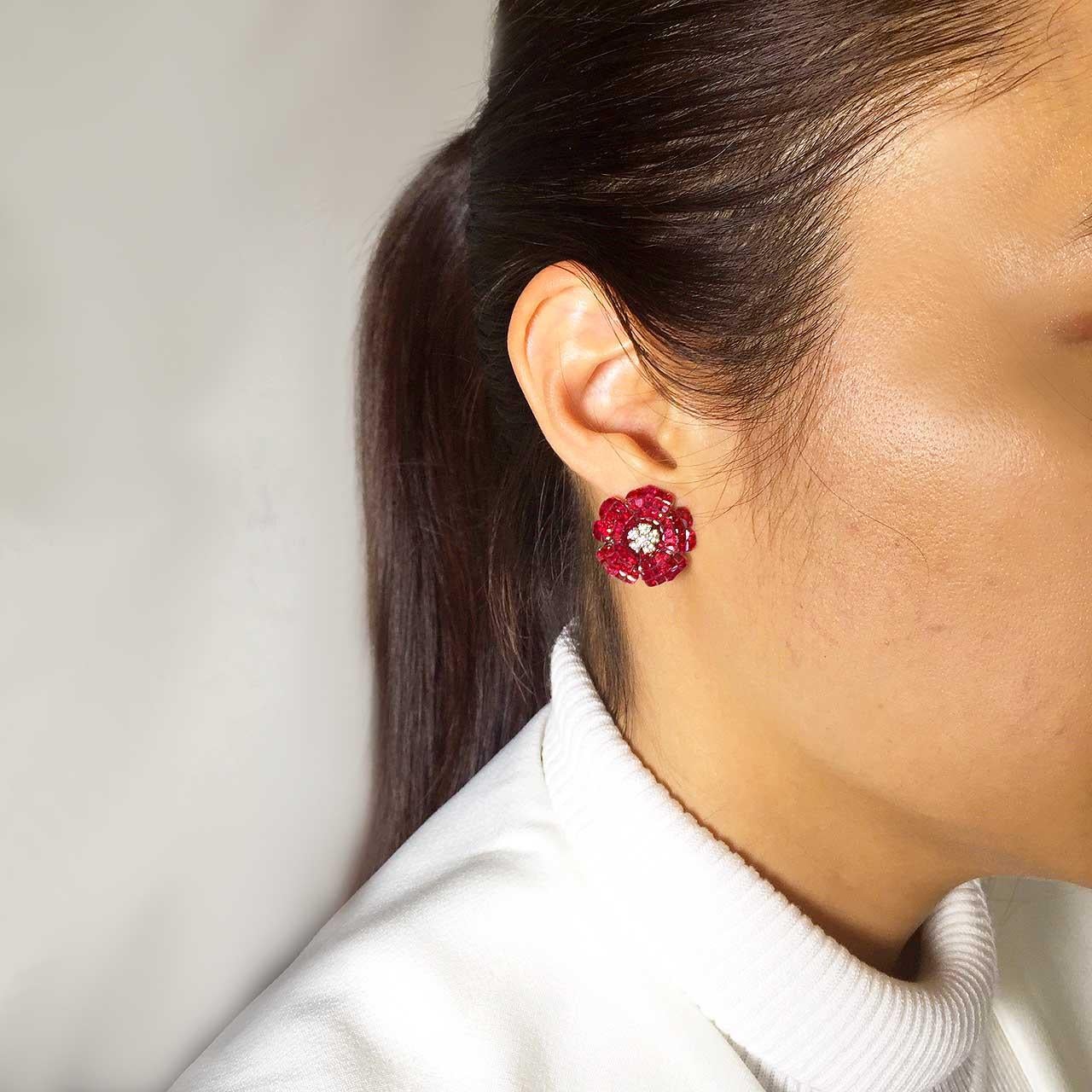 Women's 18 Karat White Gold Ruby Earrings For Sale