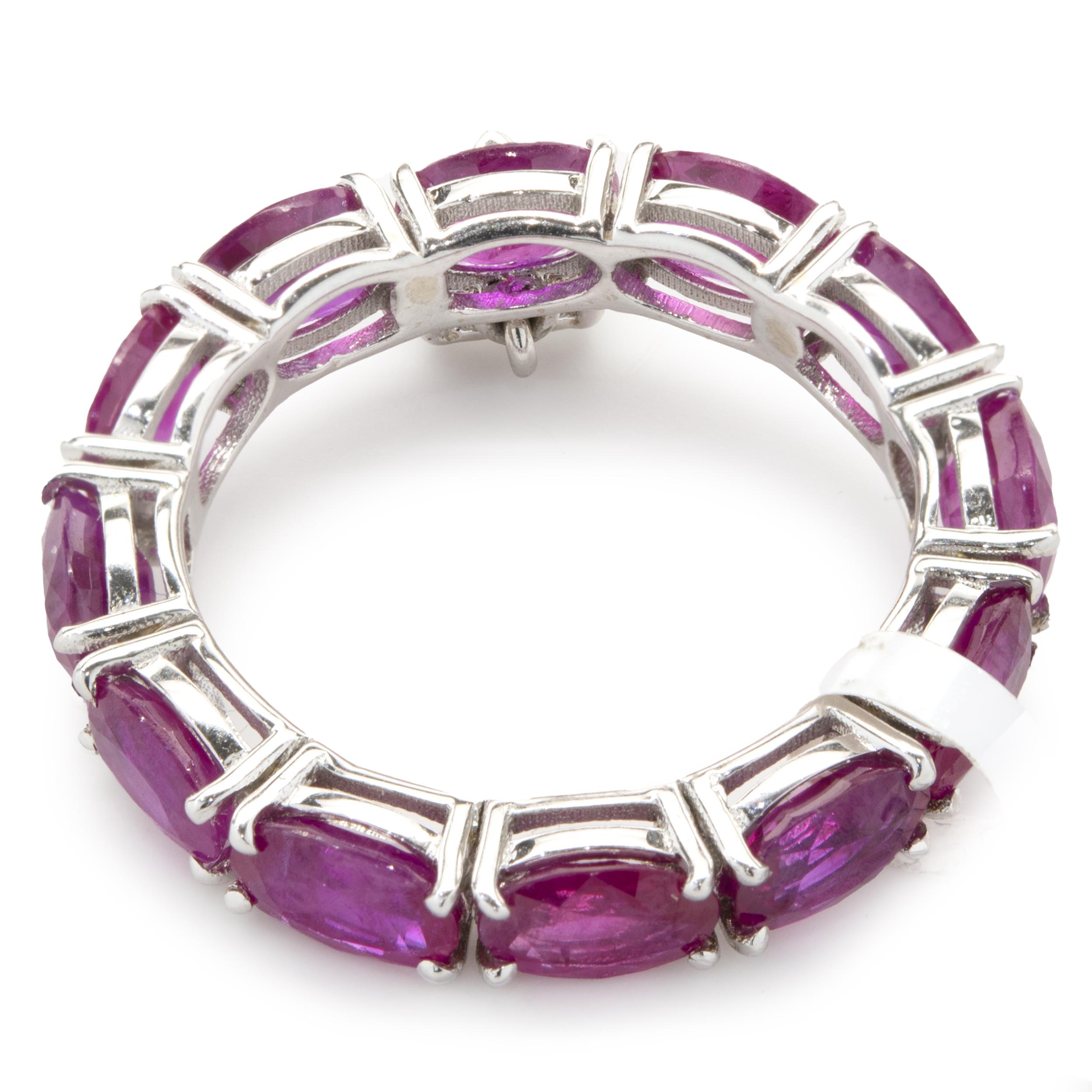 18 Karat White Gold Ruby Eternity Band with Heart Cut Diamond Drop In Excellent Condition For Sale In Scottsdale, AZ