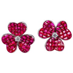 Used 18 Karat White Gold Ruby Flower Stud Earrings