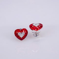 18 Carat White Gold Ruby Heart Earrings with Diamond