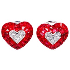 18 Karat White Gold Ruby Heart Earrings with Diamond