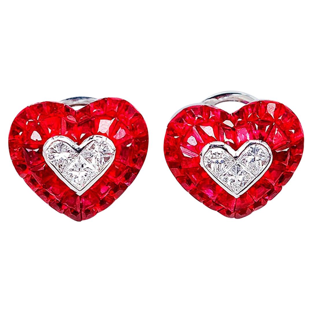 18 Karat White Gold Ruby Heart Earrings with Diamond For Sale