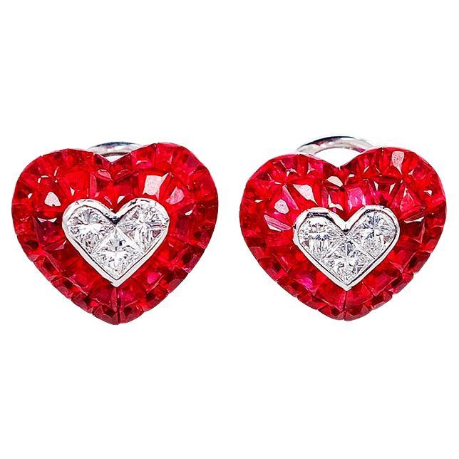 18 Karat White Gold Ruby Heart Earrings with Diamond For Sale