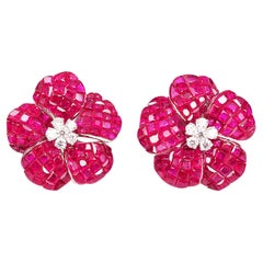 18 Carat White Gold Ruby Invisible Flower Earrings