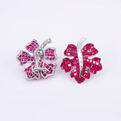 18 Carat White Gold Ruby Maple Leaf Earrings