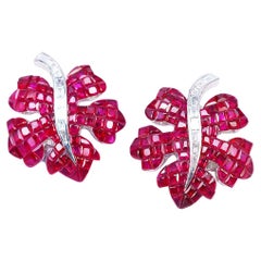 18 Karat White Gold Ruby Maple Leaf Earrings