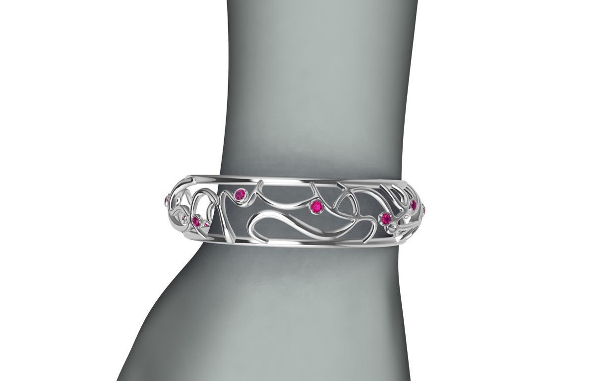 Round Cut 18 Karat White Gold Ruby Oceans Bangle For Sale