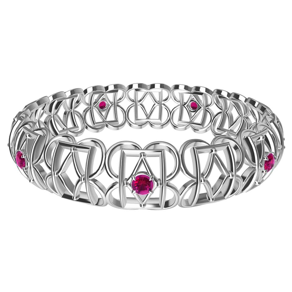 18 Karat White Gold Ruby Rectangle and Rhombus Bangle For Sale