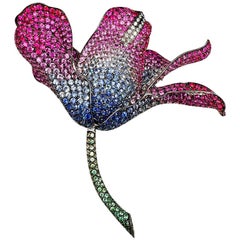 18 Karat White Gold Ruby, Sapphire and Green and Pink Sapphire Lilly Big Brooch