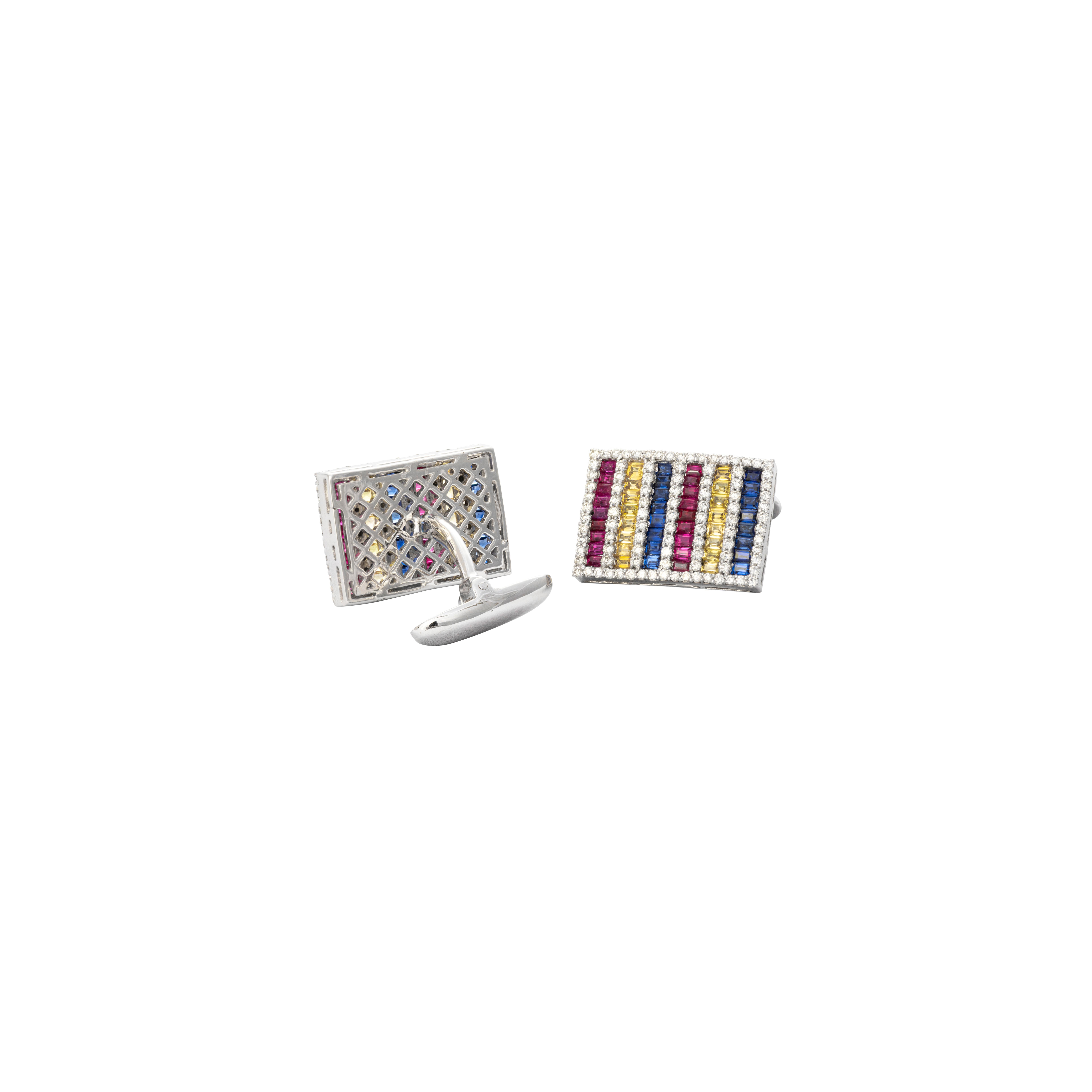 Contemporary 18 Karat White Gold Ruby Sapphire Diamond Cufflinks For Sale