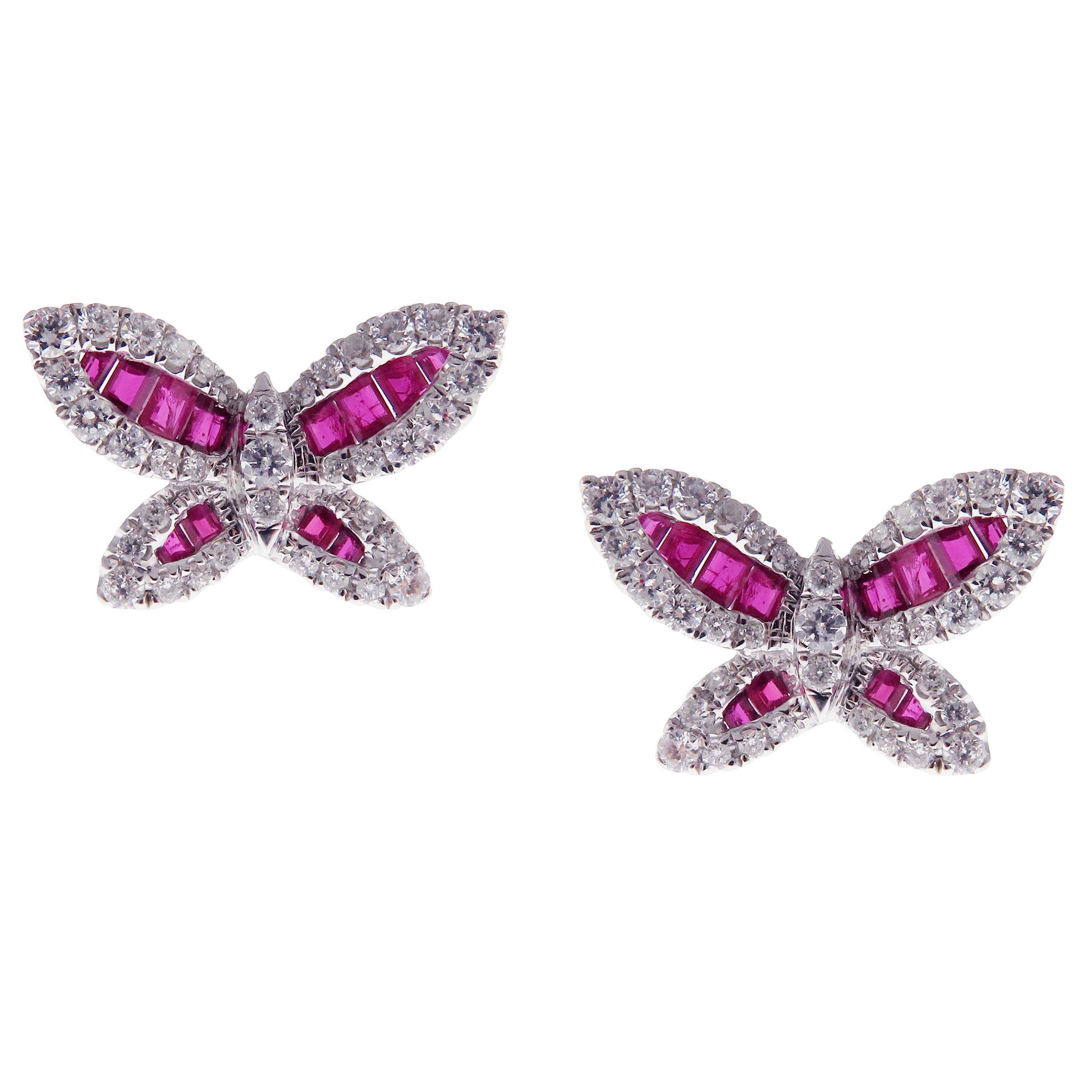 Baguette Cut 18 Karat White Gold Ruby Small Baguette Butterfly Stud Earring Ring Set
