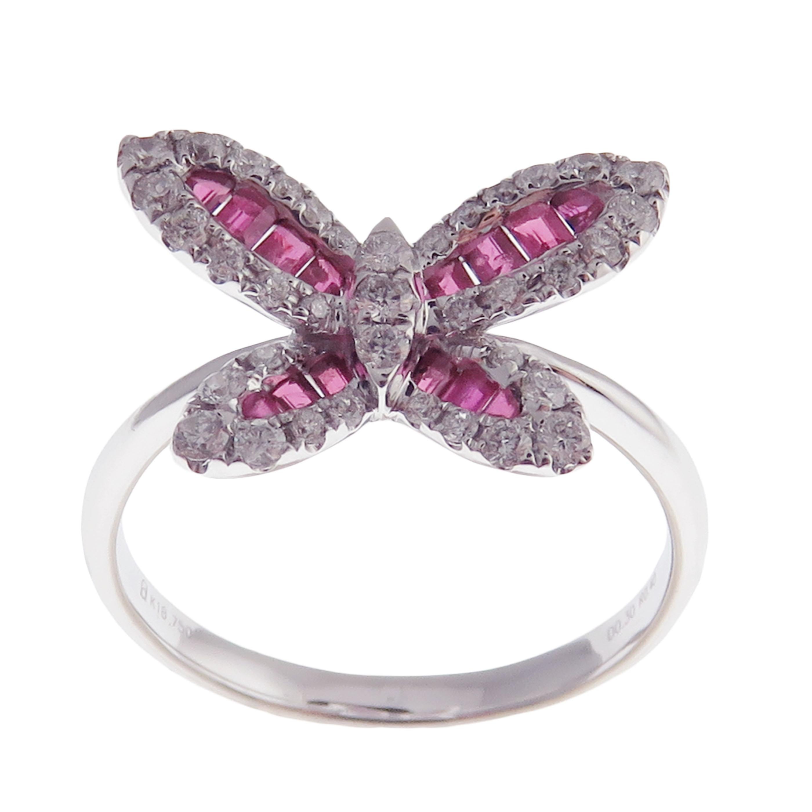 18 Karat White Gold Ruby Small Baguette Butterfly Stud Earring Ring Set 1