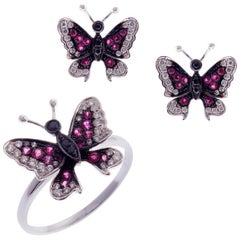 18 Karat White Gold Ruby Small Pave Butterfly Stud Earring Ring Set