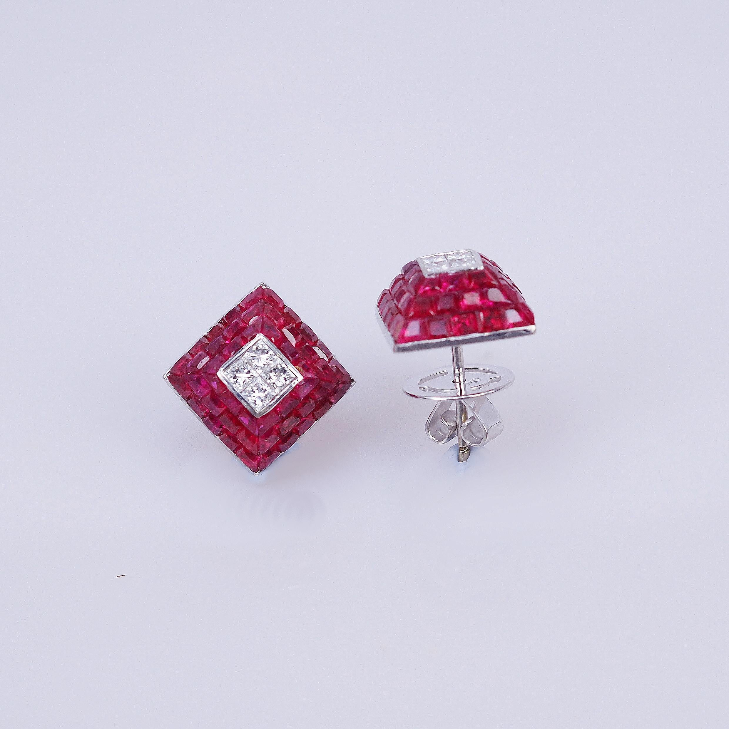 Modern 18 Karat White Gold Ruby Square Earrings with Diamond For Sale