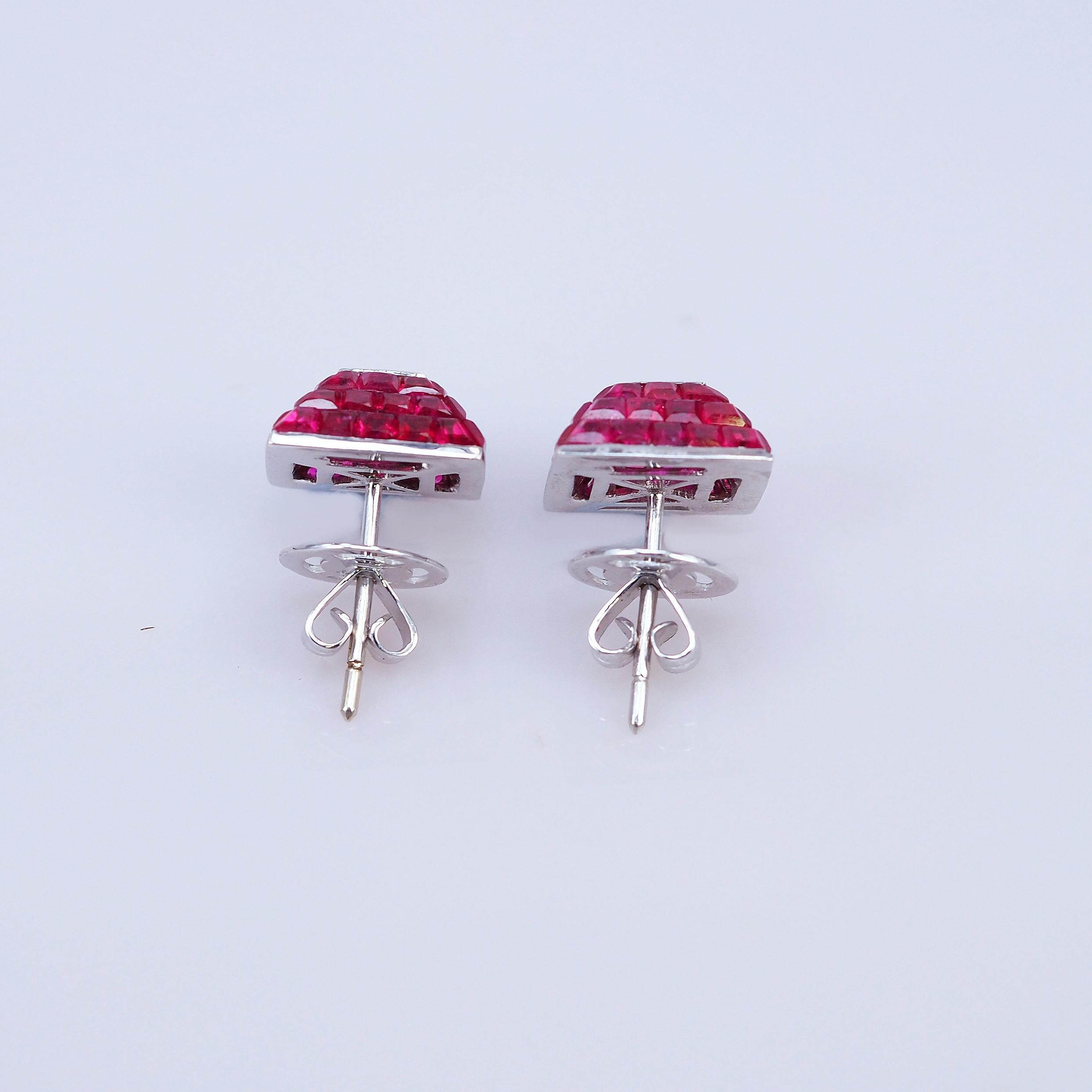 Square Cut 18 Karat White Gold Ruby Square Earrings with Diamond For Sale