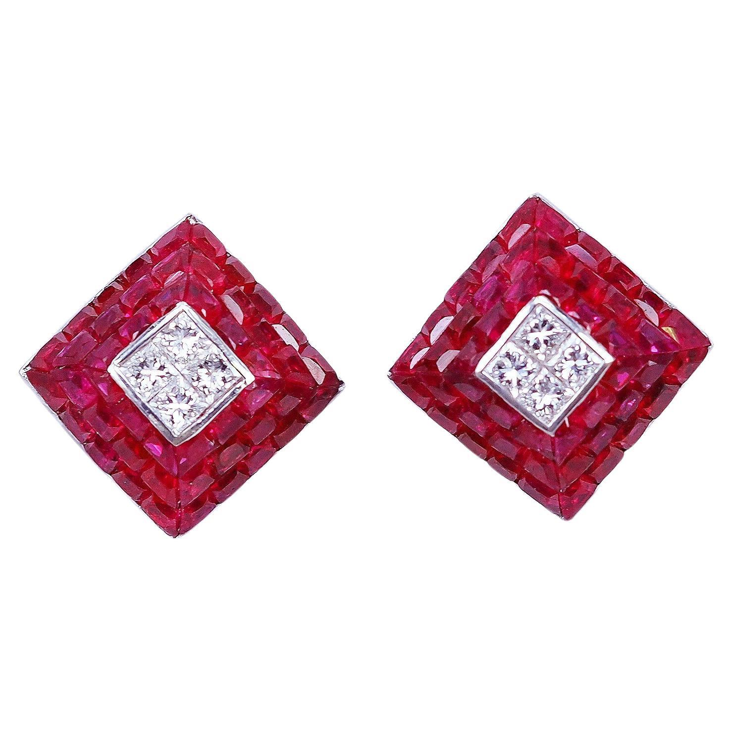 18 Karat White Gold Ruby Square Earrings with Diamond For Sale