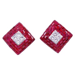 18 Karat White Gold Ruby Square Earrings with Diamond