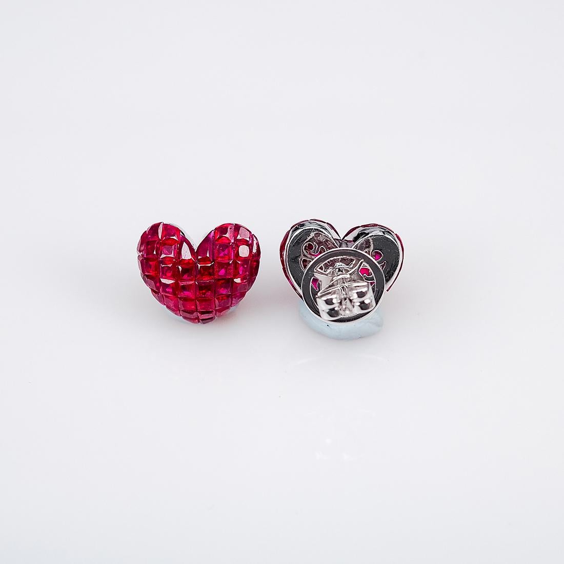 Modern 18 Karat White Gold Ruby Stud Heart Earrings