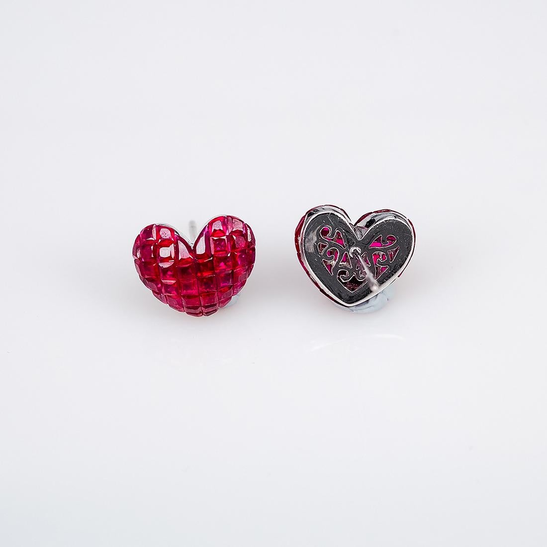 Heart Cut 18 Karat White Gold Ruby Stud Heart Earrings