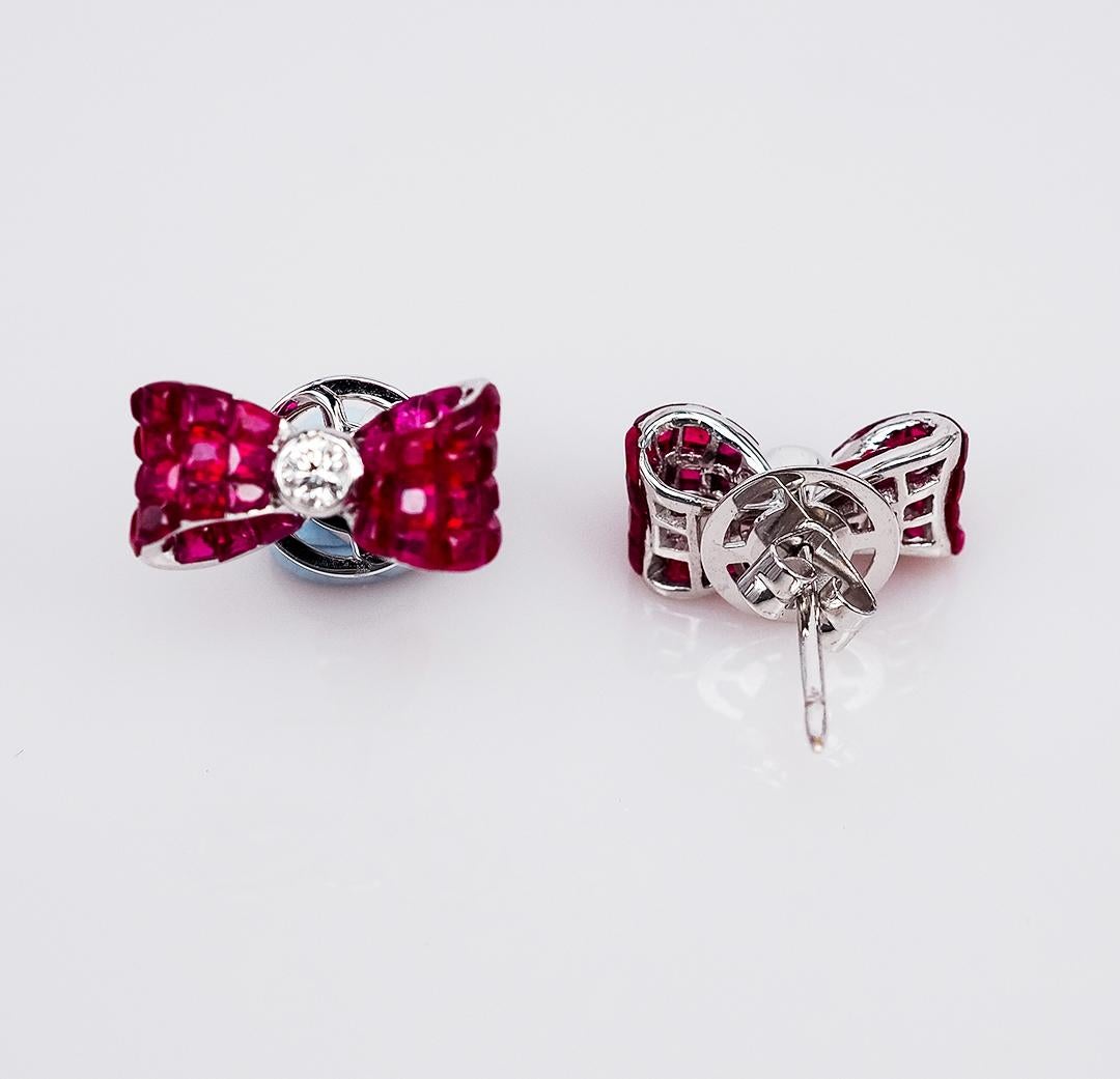 Round Cut 18 Karat White Gold Ruby Stud Invisible Ribbon Earrings