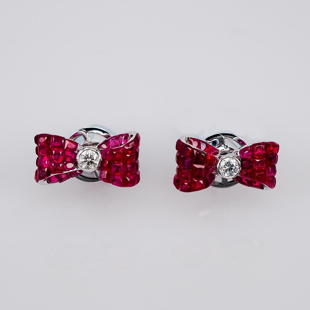 Women's 18 Karat White Gold Ruby Stud Invisible Ribbon Earrings