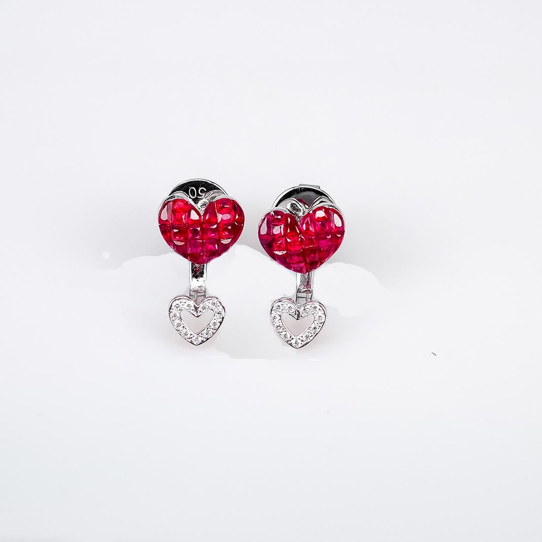 Modern 18 Karat White Gold Ruby Stud Small Heart Earrings
