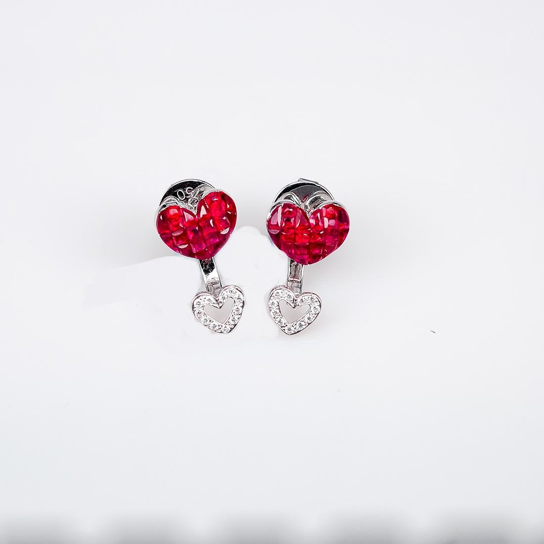 Women's 18 Karat White Gold Ruby Stud Small Heart Earrings