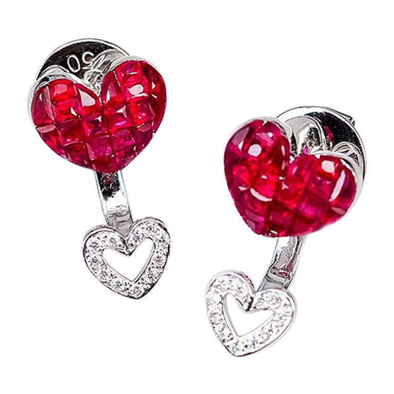 18 Karat White Gold Ruby Stud Small Heart Earrings 18 Karat White Gold Ruby Stud Small Heart Earrings