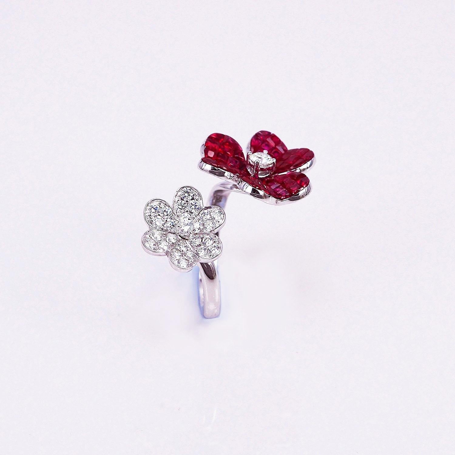 Modern 18 Karat White Gold Ruby with Diamond Cocktail Ring For Sale