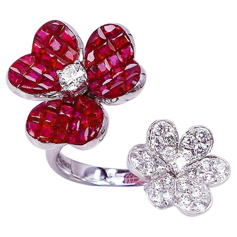 18 Karat White Gold Ruby with Diamond Cocktail Ring For Sale