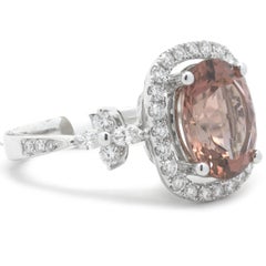 18 Karat White Gold Salmon Tourmaline and Diamond Ring