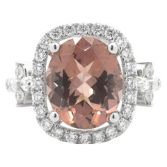 18 Karat White Gold Salmon Tourmaline and Diamond Ring