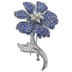 18 Karat White Gold, Sapphire 16.73 Carat and Diamond 2.10 Carat Flower Brooch