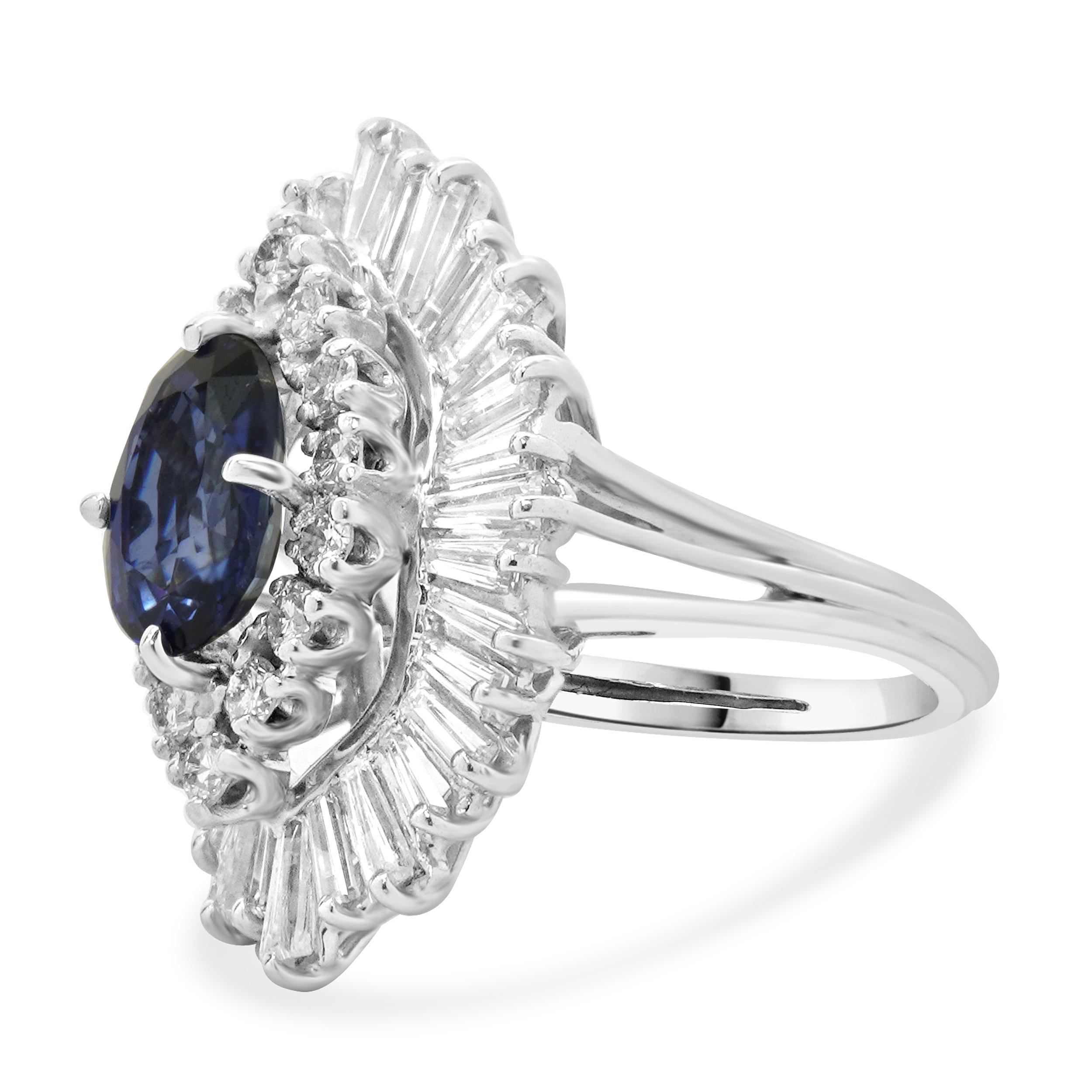 Material: 18K white gold
Sapphire: 1 oval cut = 2.45ct
Diamond: 14 round cut = 0.70cttw
Color: H
Clarity: VS2
Diamond: 32 baguette cut = 2.24cttw
Color: H
Clarity: VS2
Ring Size: 6 (please allow up to 2 additional business days for sizing