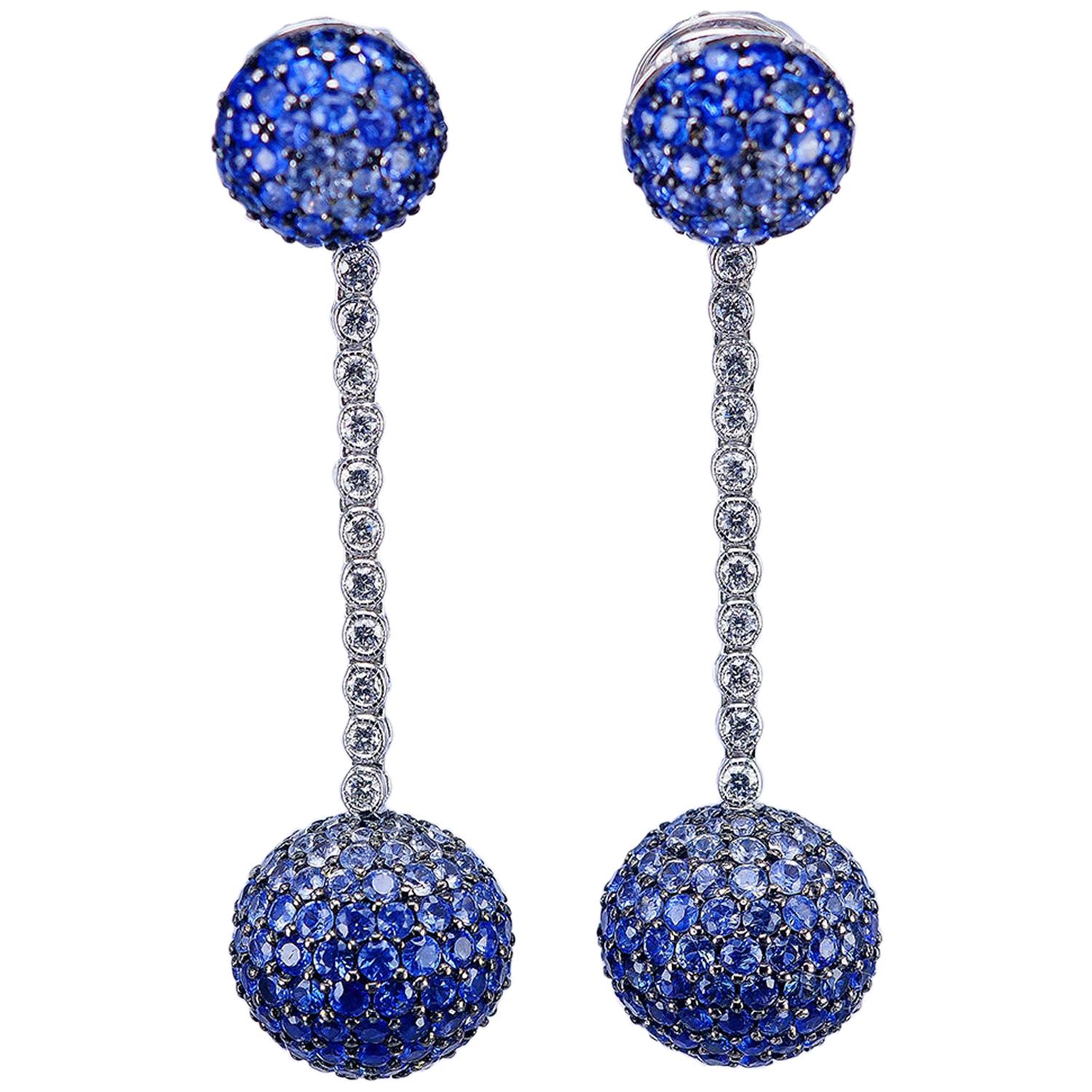 18 Karat White Gold Sapphire and Diamond Balls Earrings For Sale