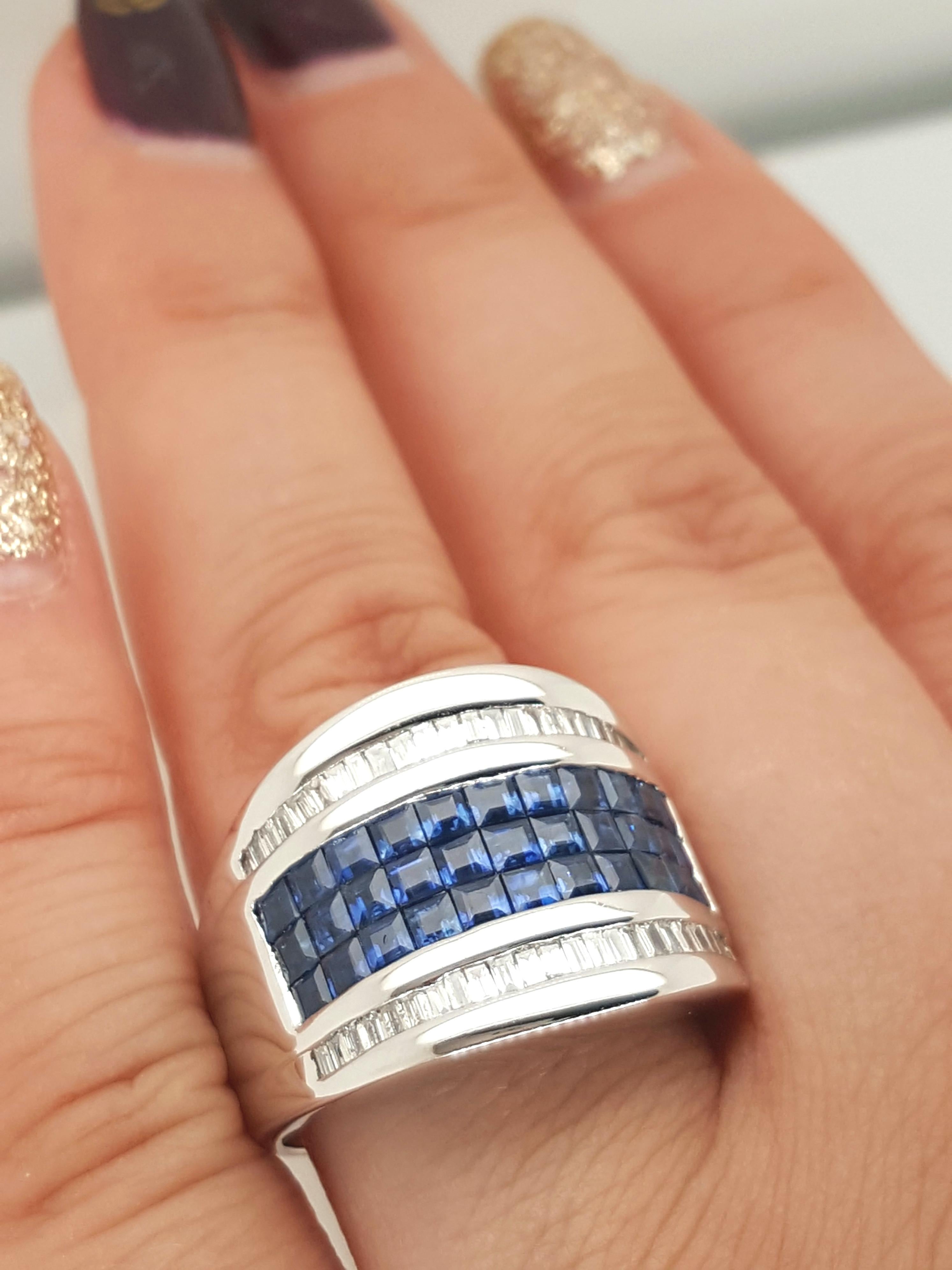 Modern 18 Karat White Gold Sapphire and Diamond Band Ring