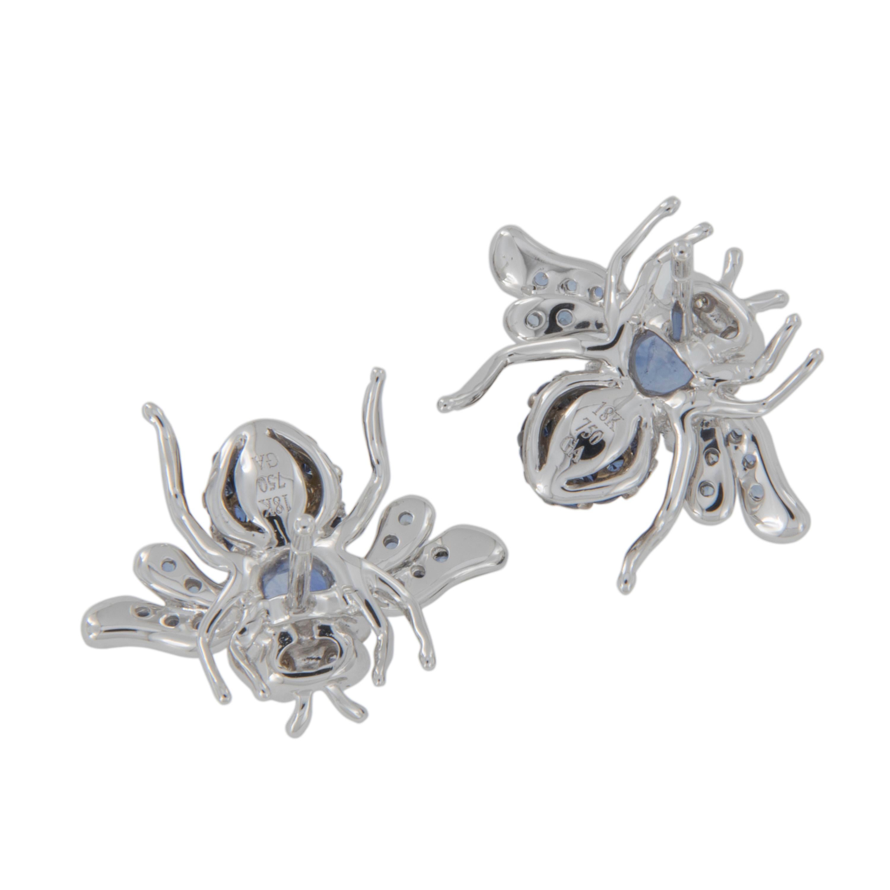 Contemporary 18 Karat White Gold Sapphire and Diamond Bee Earrings