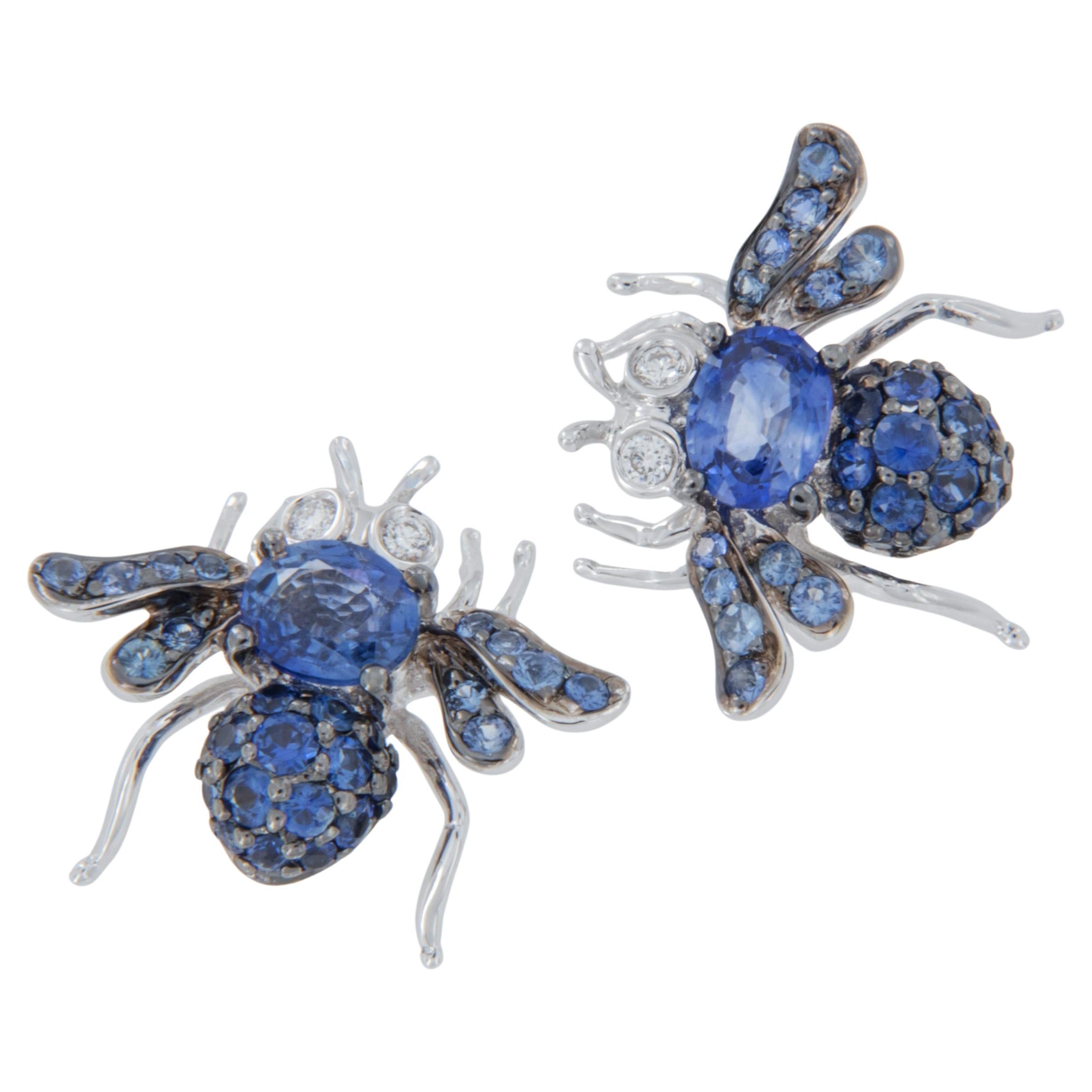 18 Karat White Gold Sapphire and Diamond Bee Earrings