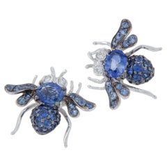 18 Karat White Gold Sapphire and Diamond Bee Earrings