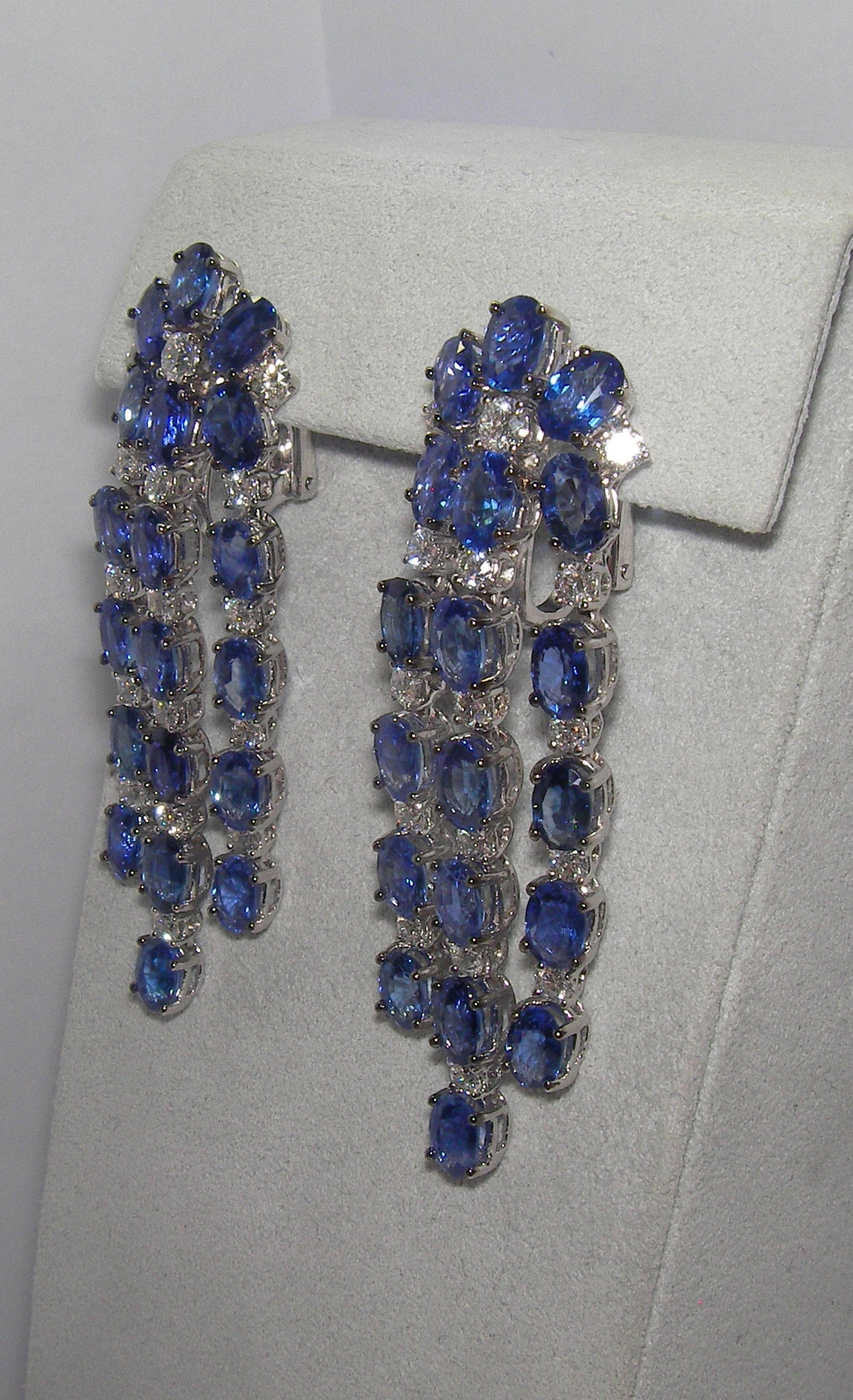 Mixed Cut 18 Karat White Gold Sapphire and Diamond Dangle Earrings