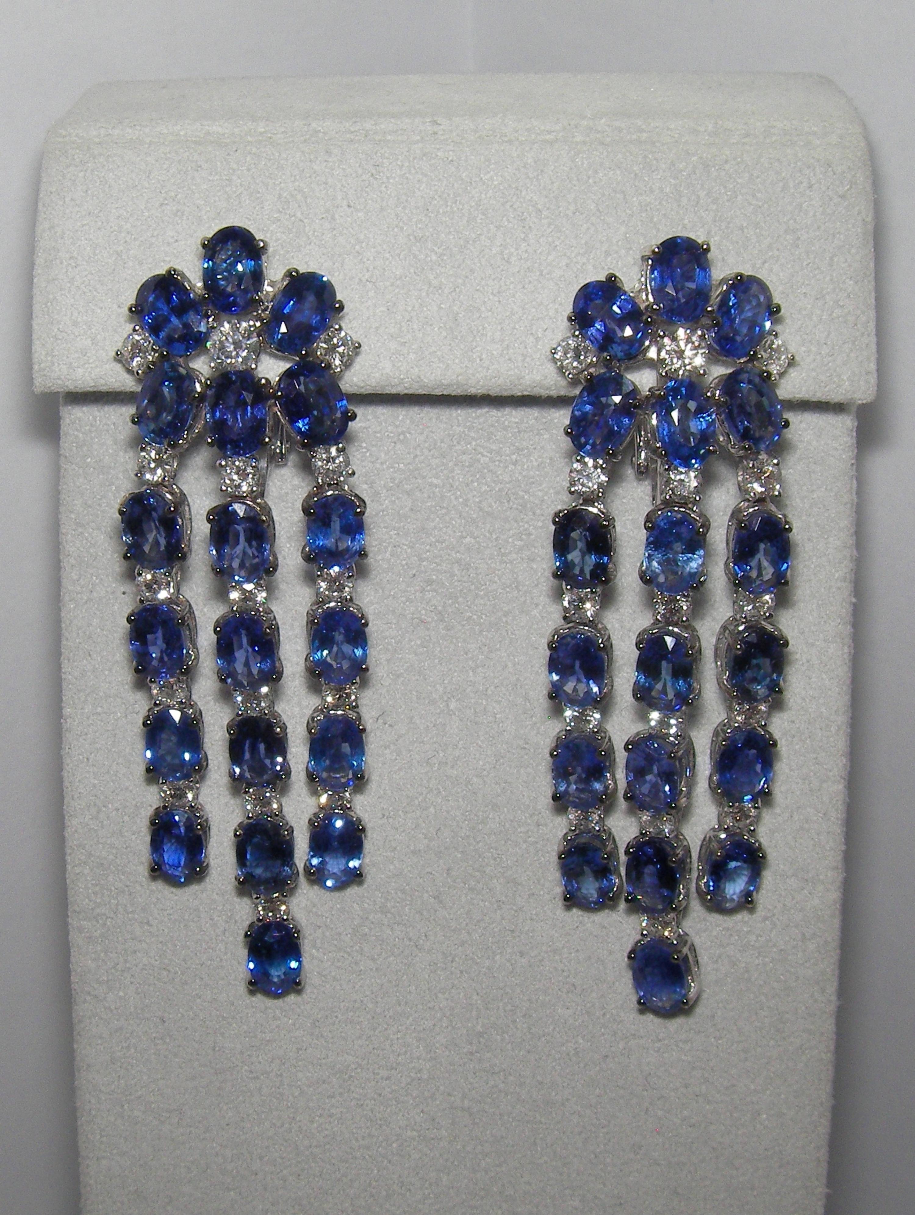 Women's or Men's 18 Karat White Gold Sapphire and Diamond Dangle Earrings